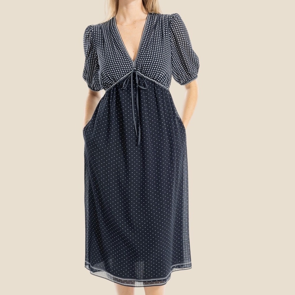 Max Studio London Dress Midi Polka Dit Empire Navy Cocktail Party Women Sz L NWT